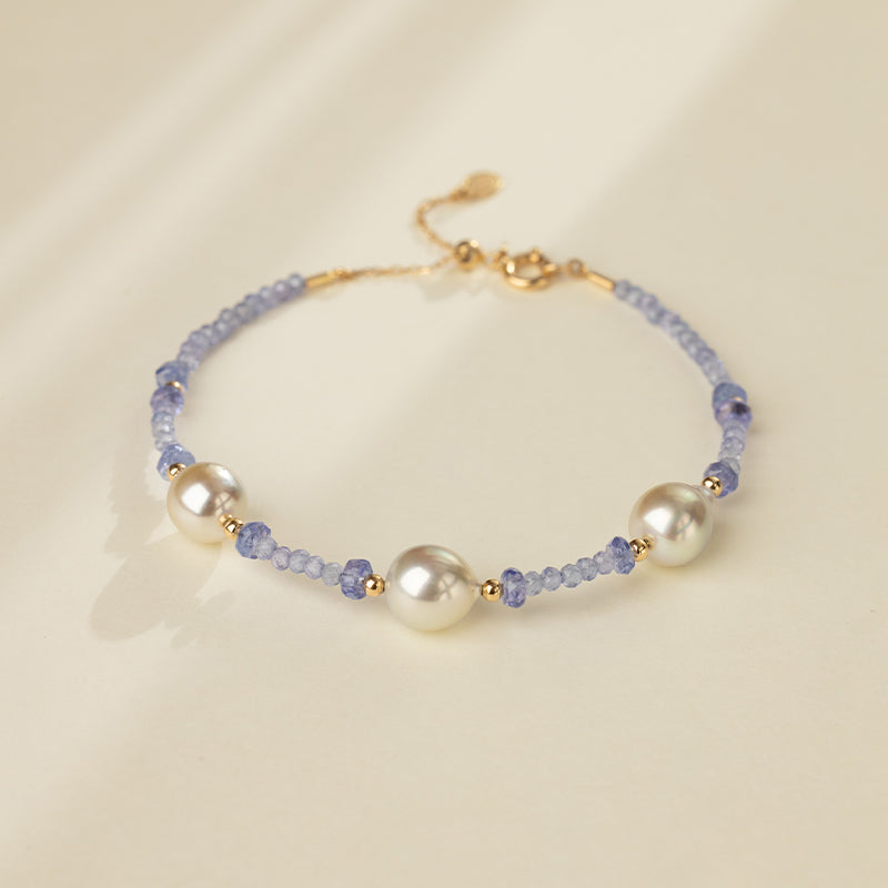 Baroque Akoya Pearl 18K Gold Tanzanite Bracelet