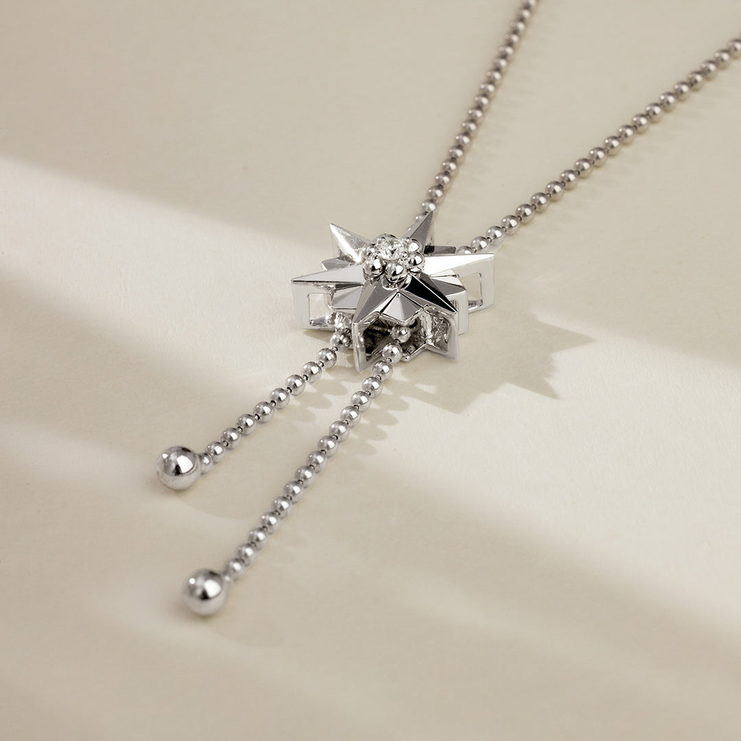 18K White Gold Diamond Polished Hexagonal Star Sweater Necklace