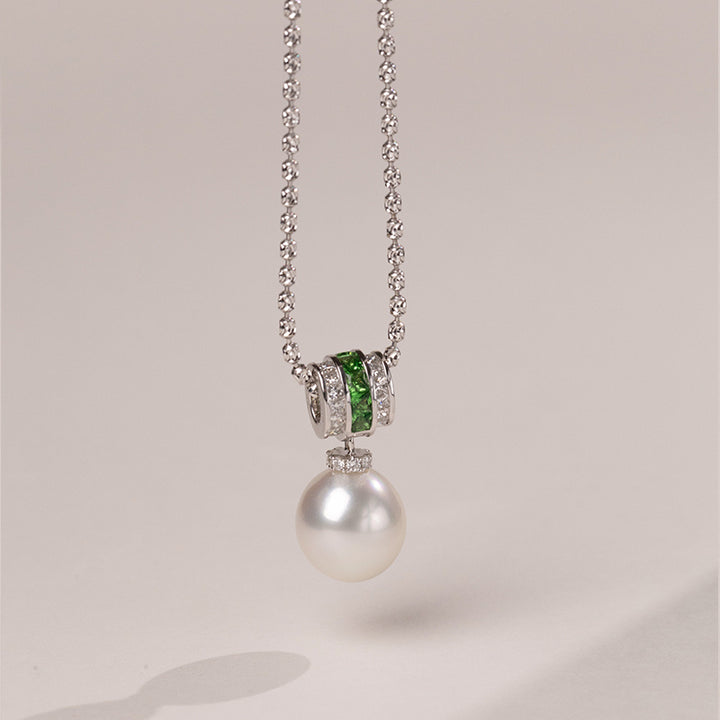 Teardrop South Sea Pearl 18K Gold Diamond Tsavorite Barrel Pendant Necklace