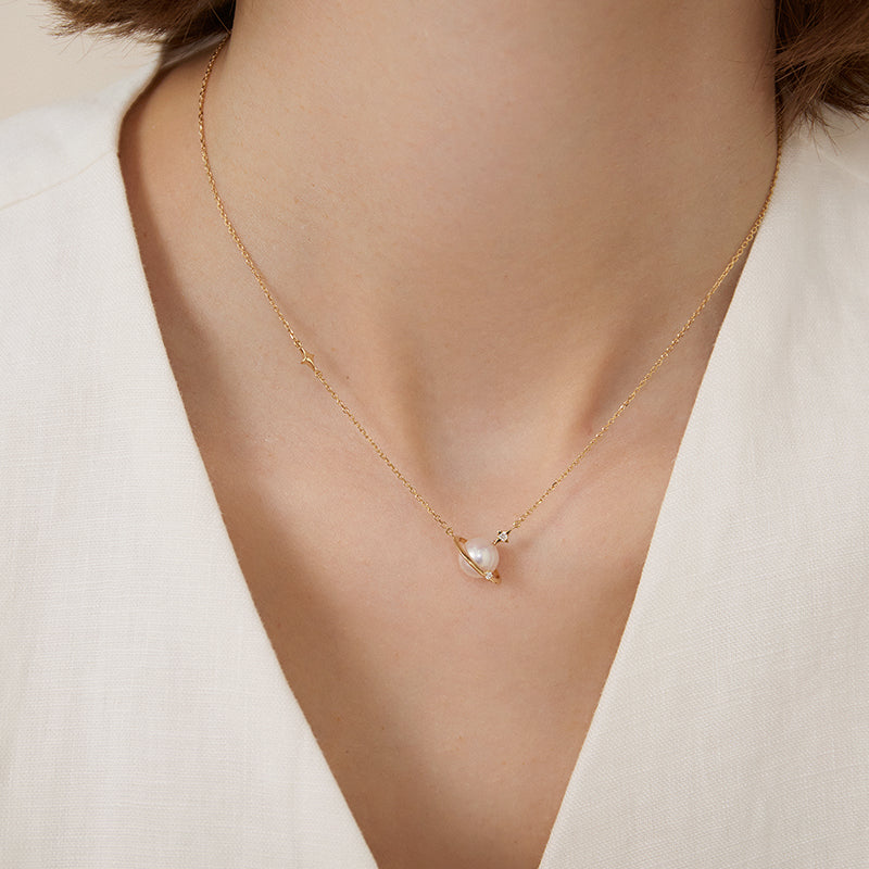 Saltwater Pearl 18K Gold Diamonds Planet Necklace