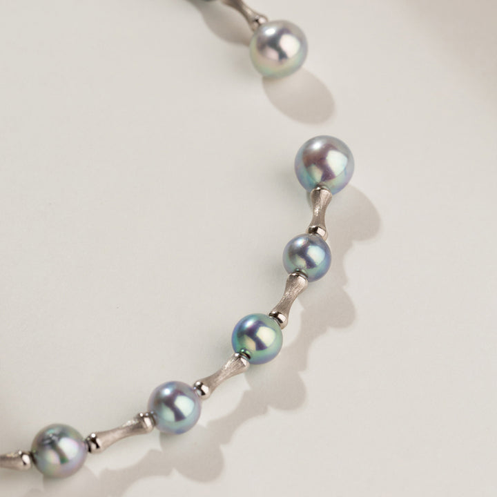 Silver Blue Baroque Pearl 18K Gold Bamboo Knot Open Collar Necklace