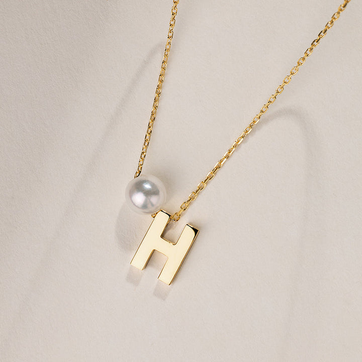 Akoya Saltwater Pearl 18K Gold Hanging Custom Initials Necklace