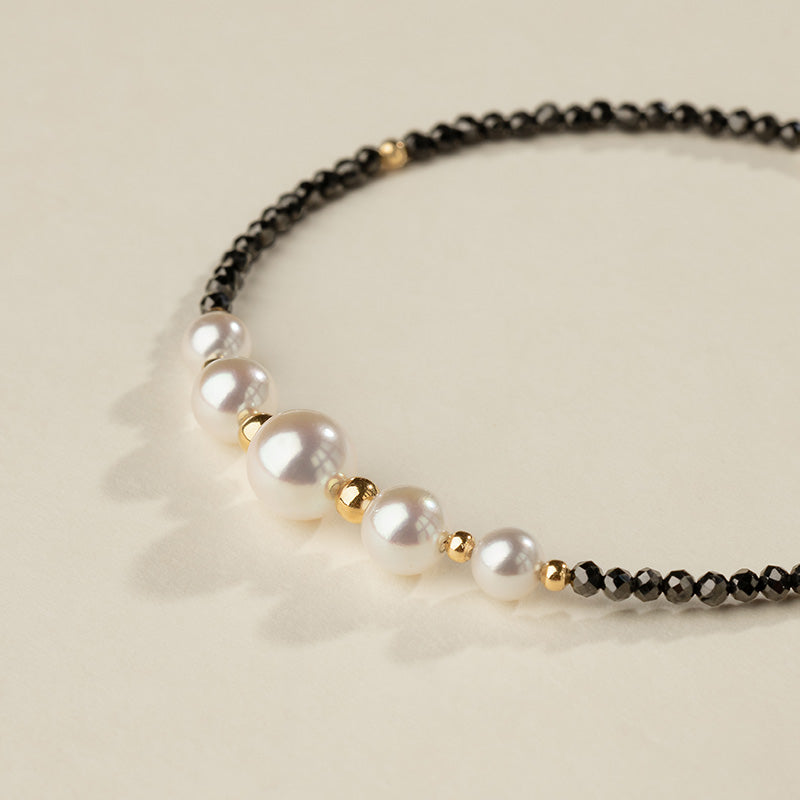 Akoya Saltwater Pearl 18K Gold Black Spinel Smile Bracelet