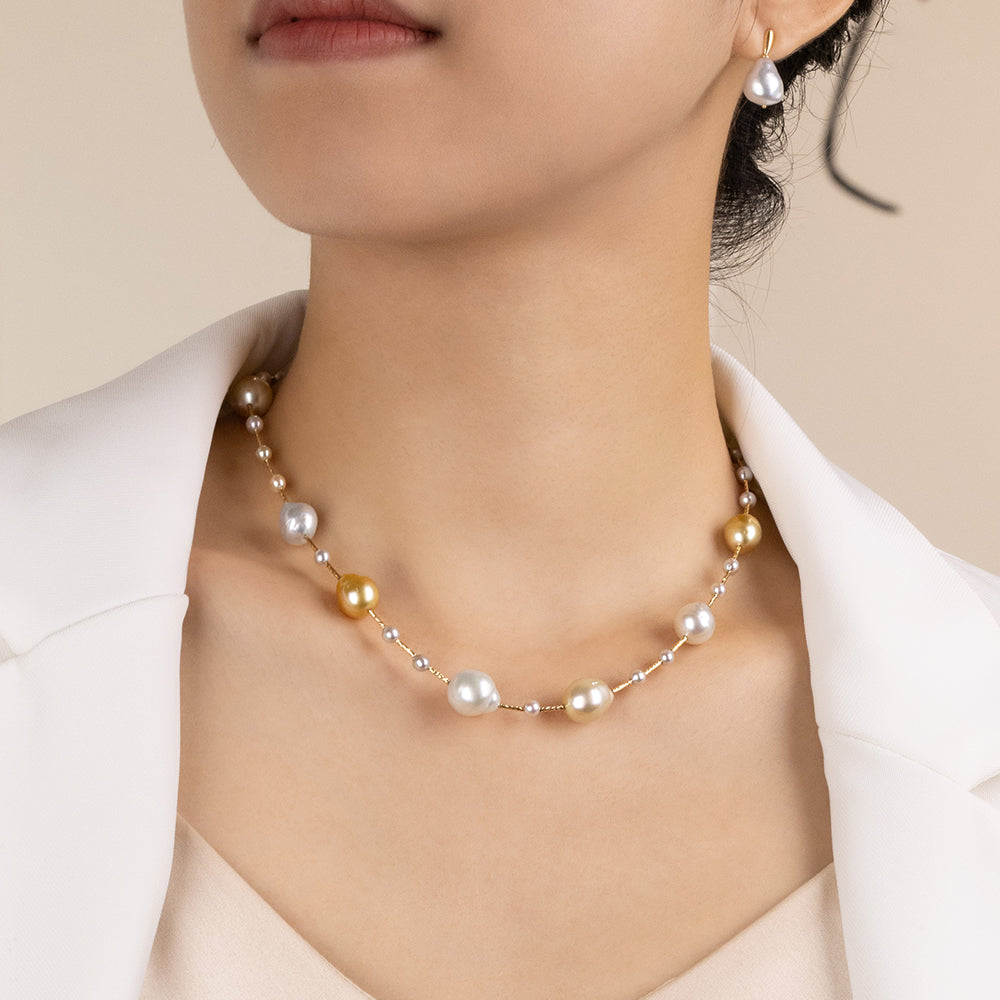 Golden & White South Sea Pearl Akoya Pearl 18K Gold Artistic Messiness Necklace