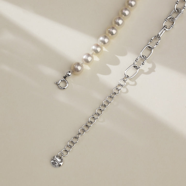 Akoya Pearl Strand 18K Gold Diamond Half Chain Half Pearl Necklace