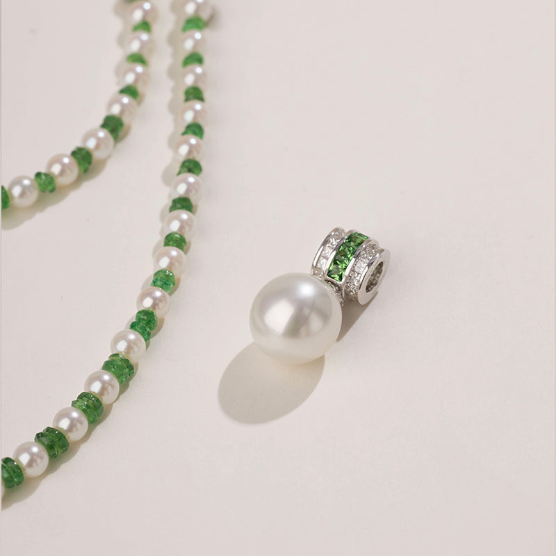 Teardrop South Sea Pearl 18K Gold Diamond Tsavorite Barrel Pendant Necklace