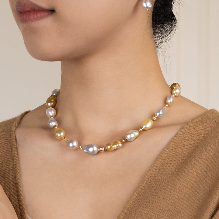 Golden & White South Sea Pearl 18K Gold Elegant Two-tone Mixed Necklace