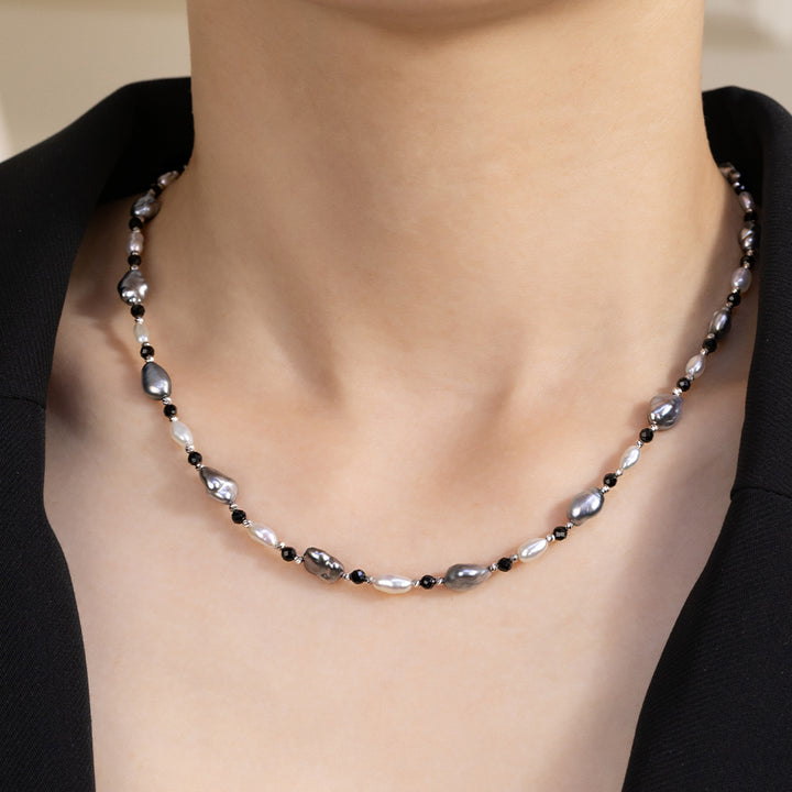 Keshi Saltwater Pearl Black Spinel 18K Gold Monochrome Necklace