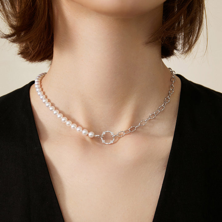 Akoya Pearl Strand 18K Gold Diamond Half Chain Half Pearl Necklace