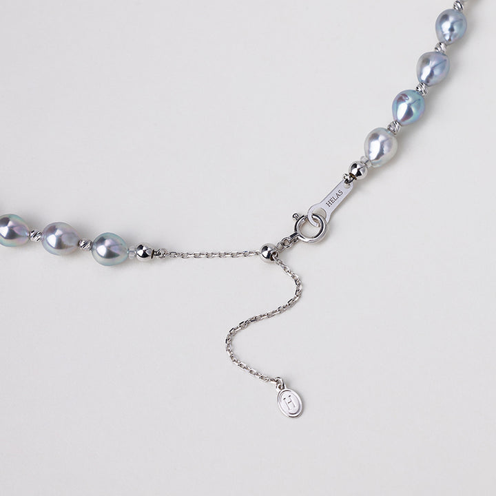 Baroque Silver-blue Pearl 18K Gold Alternating Bead Necklace