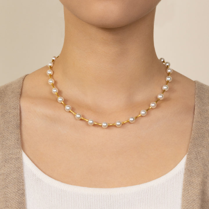 Akoya Pearl Matte 18K Gold Bamboo Knot Orderly Necklace