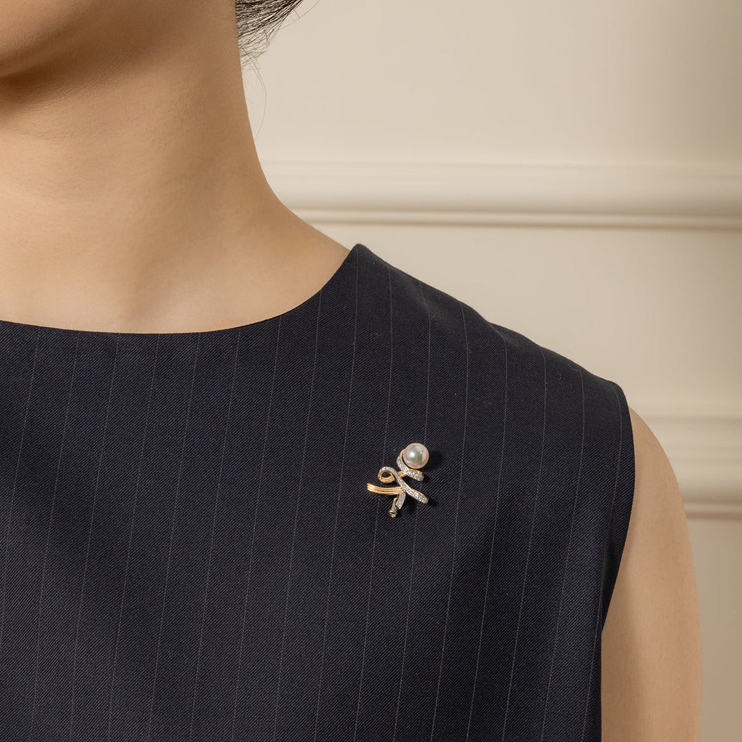 Akoya Pearl 18K Gold Diamonds Two-tone Ribbon Wish Tree Brooch