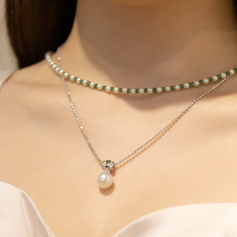 Teardrop South Sea Pearl 18K Gold Diamond Tsavorite Barrel Pendant Necklace