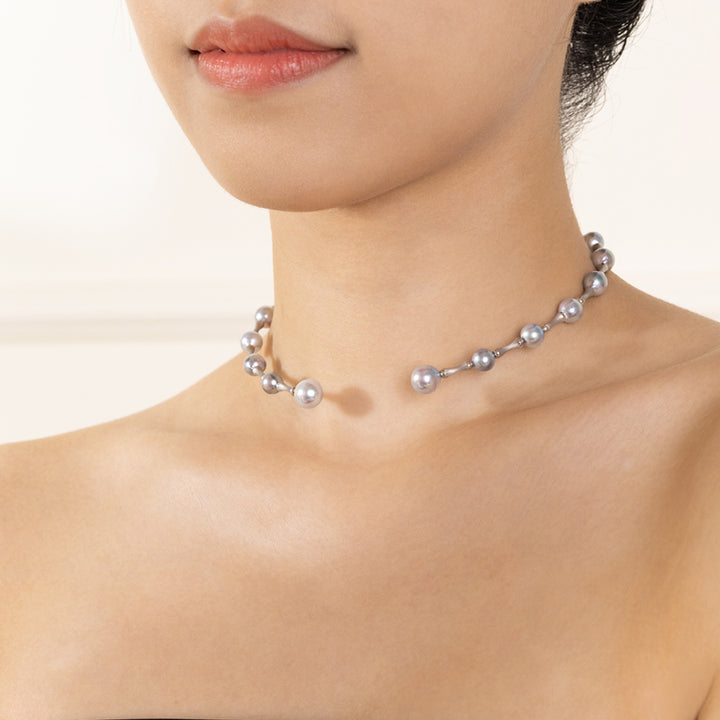 Silver Blue Baroque Pearl 18K Gold Bamboo Knot Open Collar Necklace