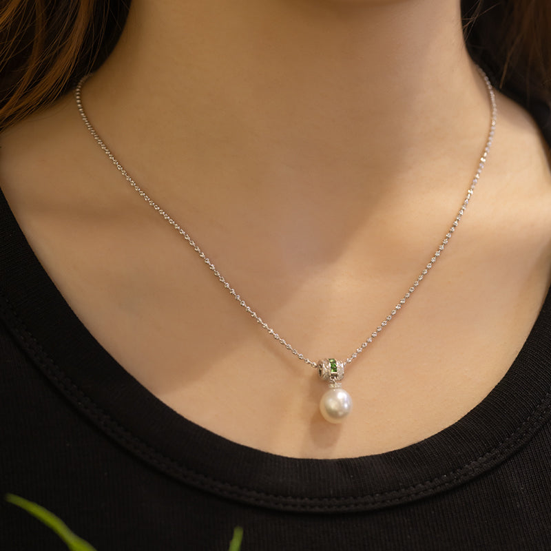 Teardrop South Sea Pearl 18K Gold Diamond Tsavorite Barrel Pendant Necklace