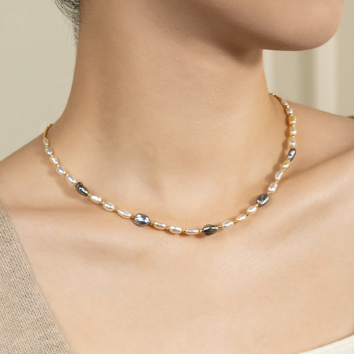 Keshi Saltwater Pearl 18K Gold Elegant Classic Tricolor Necklace