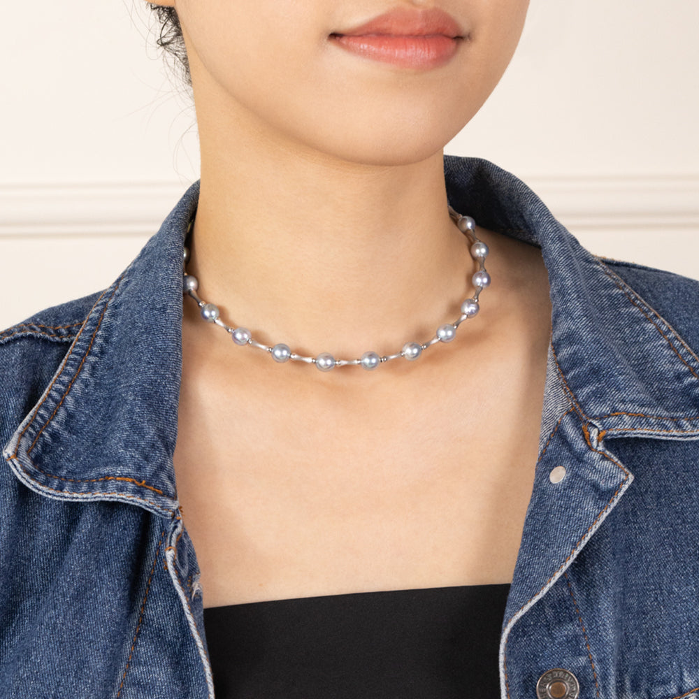 Silver Blue Baroque Pearl 18K Gold Bamboo Knot Open Collar Necklace