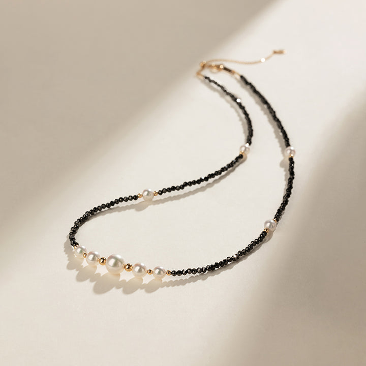 Akoya Saltwater Pearl 18K Gold Black Spinel Smile Necklace