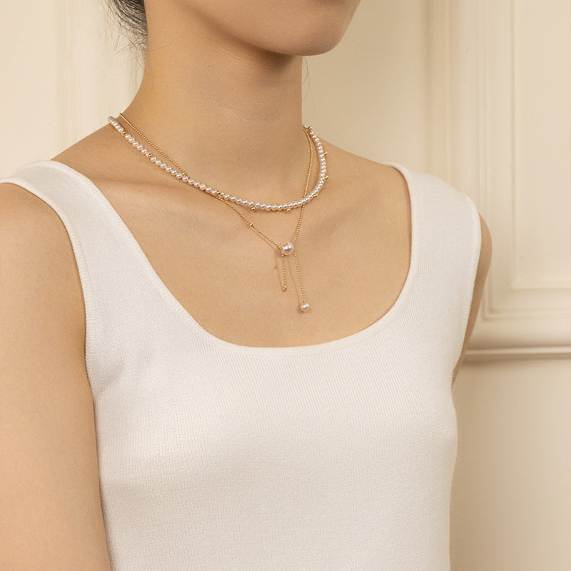 Akoya Saltwater Pearl 18K gold diamond H-shaped Luster Bead Chain Necklace