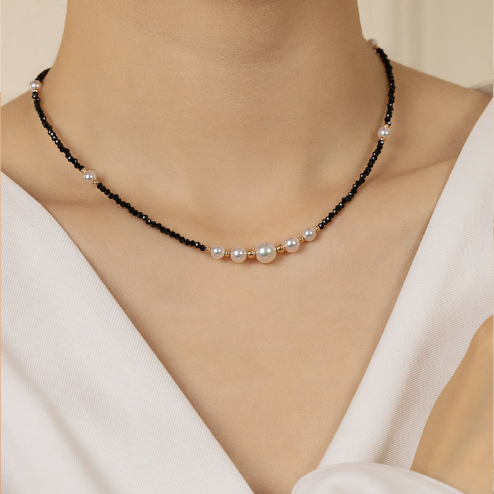 Akoya Saltwater Pearl 18K Gold Black Spinel Smile Necklace