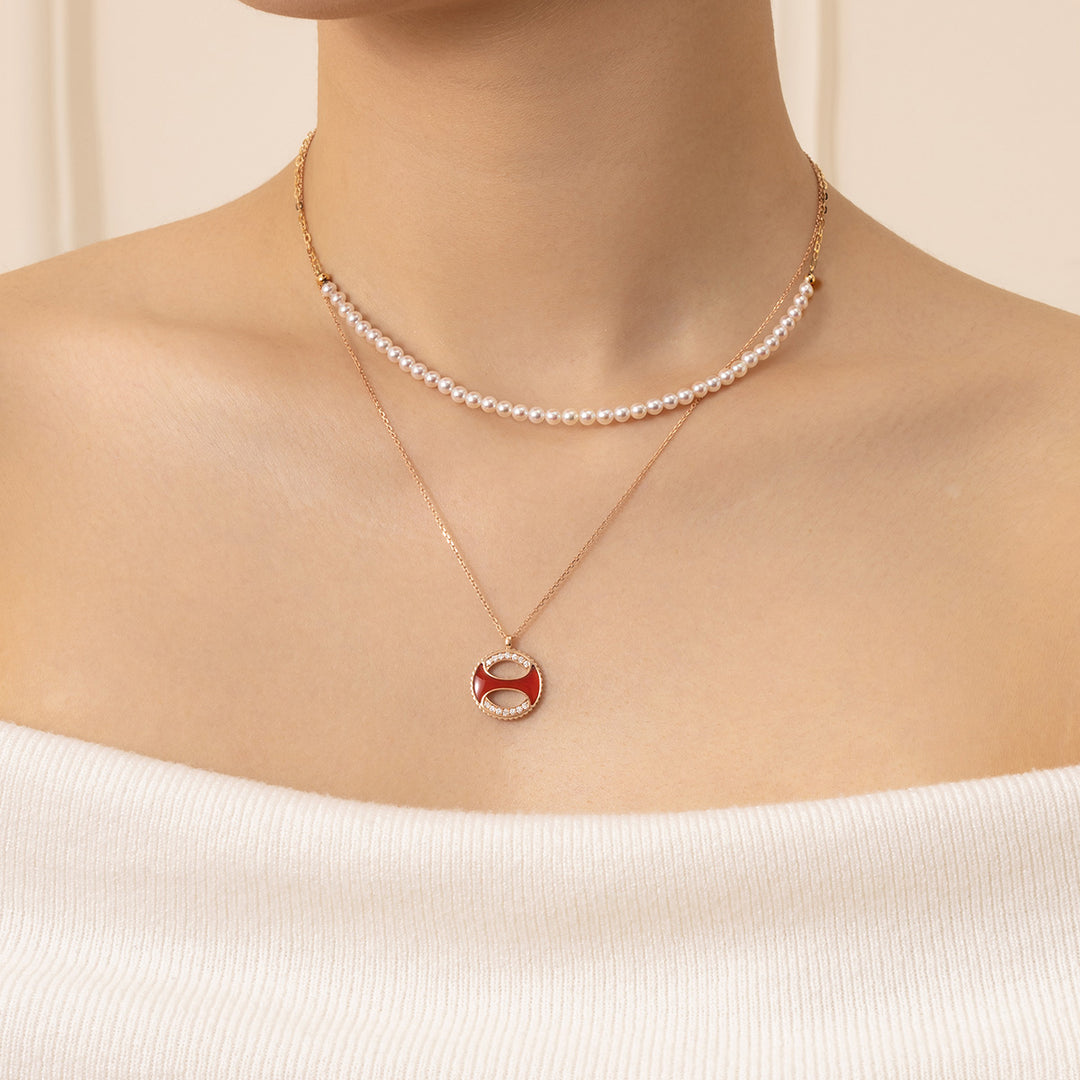 Red Agate Mother-of-Pearl 18K Gold Diamonds Fortune Charm Necklace