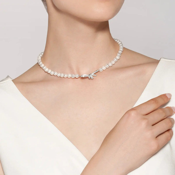 BRIDAL COLLECTION Akoya Pearl 18K White Gold Bowknot Diamond Necklace - HELAS Jewelry