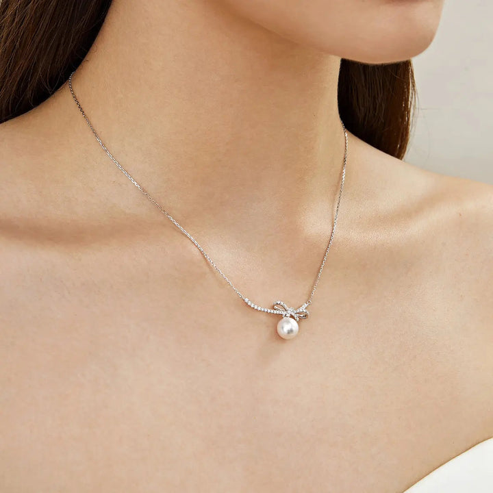 BRIDAL COLLECTION Akoya Pearl 18K White Gold Bowknot Diamond Ribbon Necklace - HELAS Jewelry