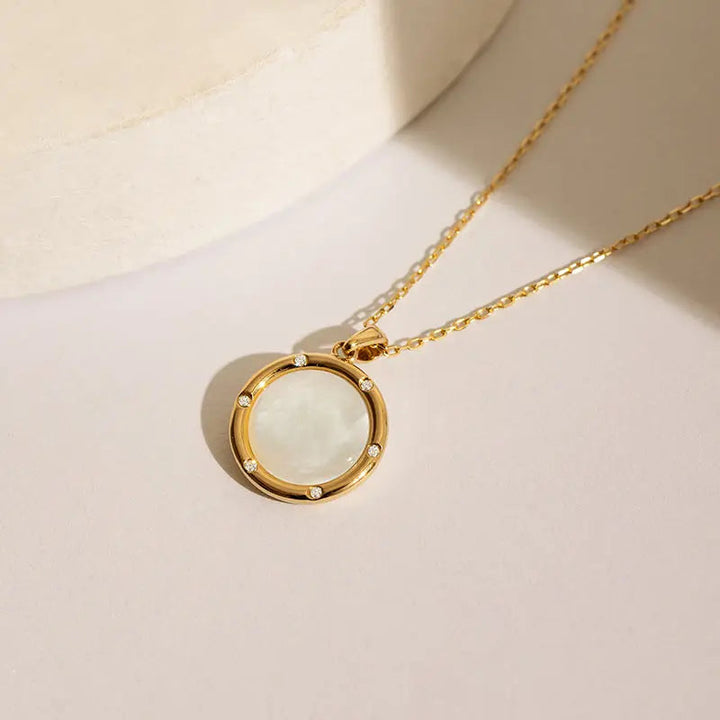 DAWN COLLECTION 18K Gold Mother of Pearl Convex Style Diamonds Necklace - HELAS Jewelry