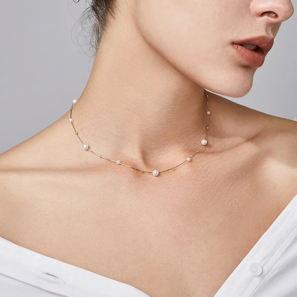 FINE LINE COLLECTION Akoya Saltwater Pearls 18k Yellow Gold Baby'S Breath Herringbone Chain Necklace - HELAS Jewelry