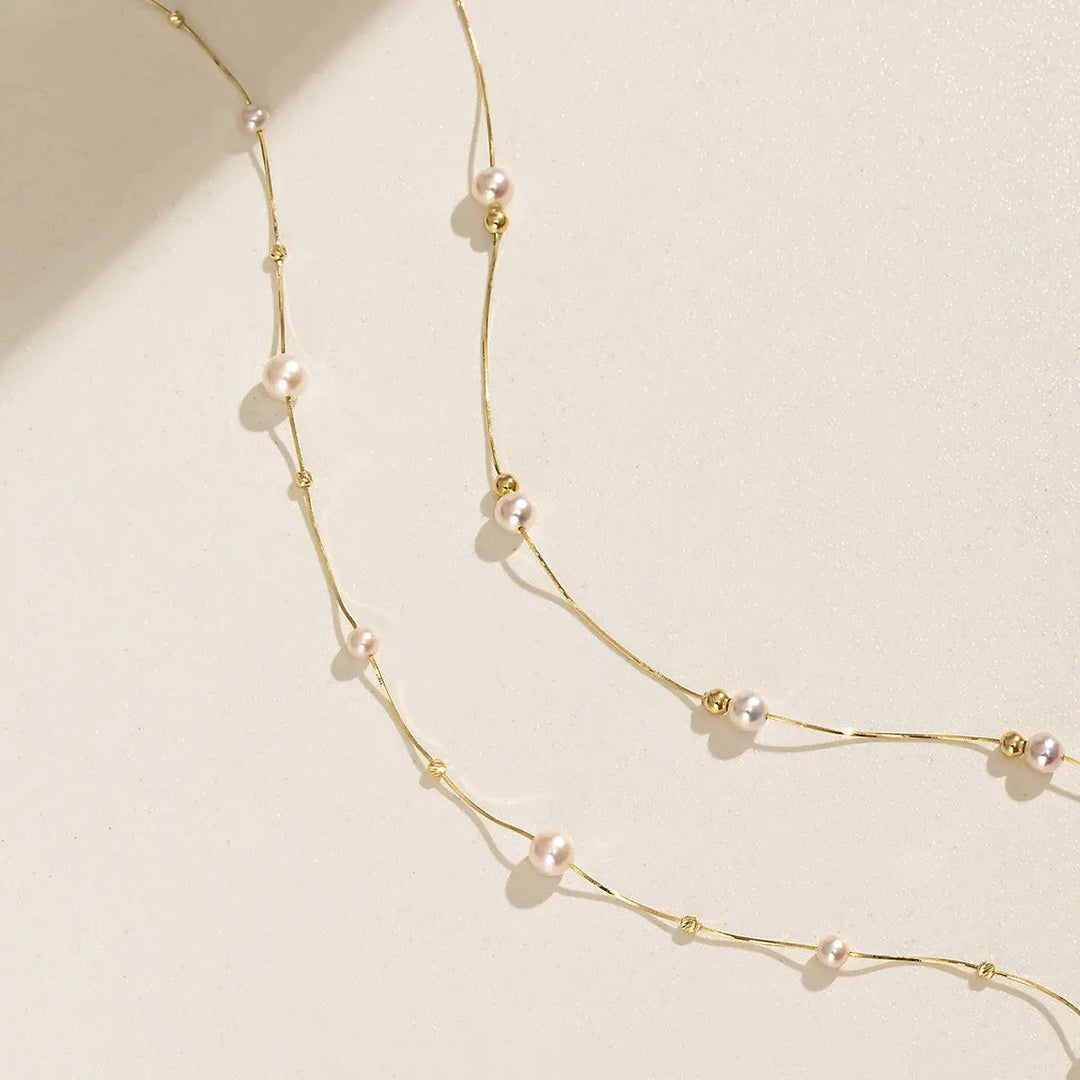 FINE LINE COLLECTION Akoya Saltwater Pearls 18k Yellow Gold Baby'S Breath Herringbone Chain Necklace - HELAS Jewelry