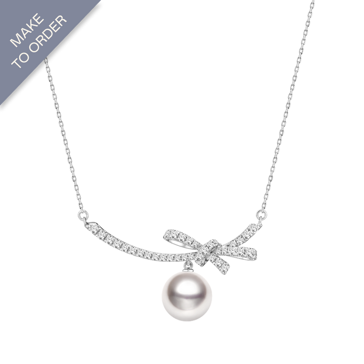 Akoya Pearl 18K White Gold Bowknot Diamond Ribbon Necklace