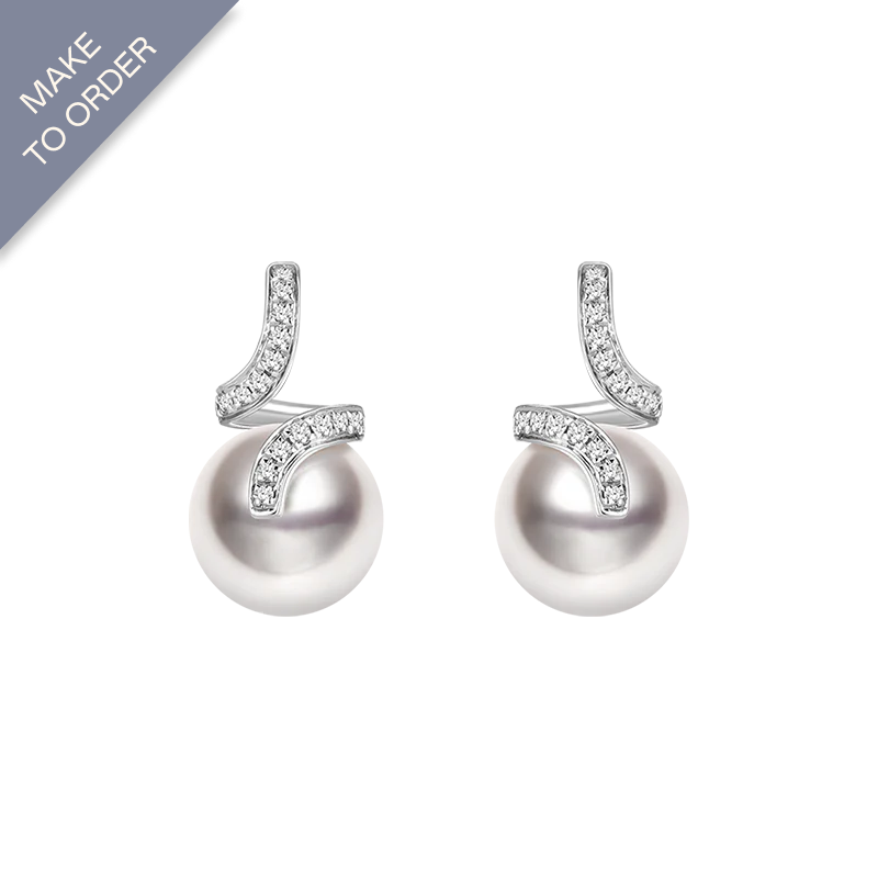 Akoya Pearl 18K White Gold Elegant Wave Stud Diamonds Earrings