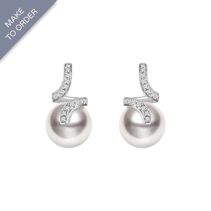 Akoya Pearl 18K White Gold Elegant Wave Stud Diamonds Earrings