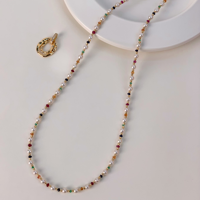 18K Gold Akoya & Keshi Pearl Colored Gemstone Summer Dopamine Combo Necklace