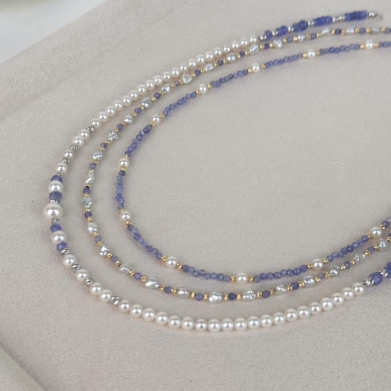 Keshi Saltwater Pearl 18K Gold Tanzanite Unique Necklace