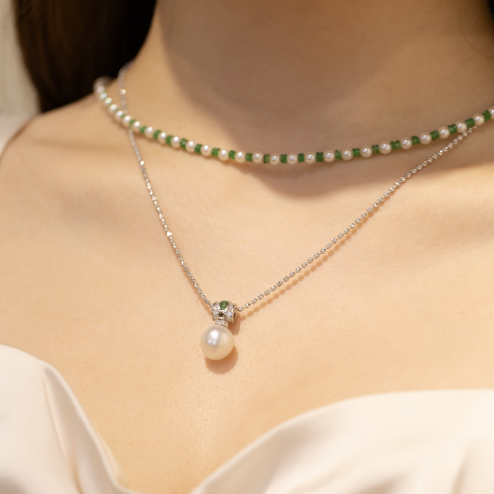 Teardrop South Sea Pearl 18K Gold Diamond Tsavorite Barrel Pendant Necklace