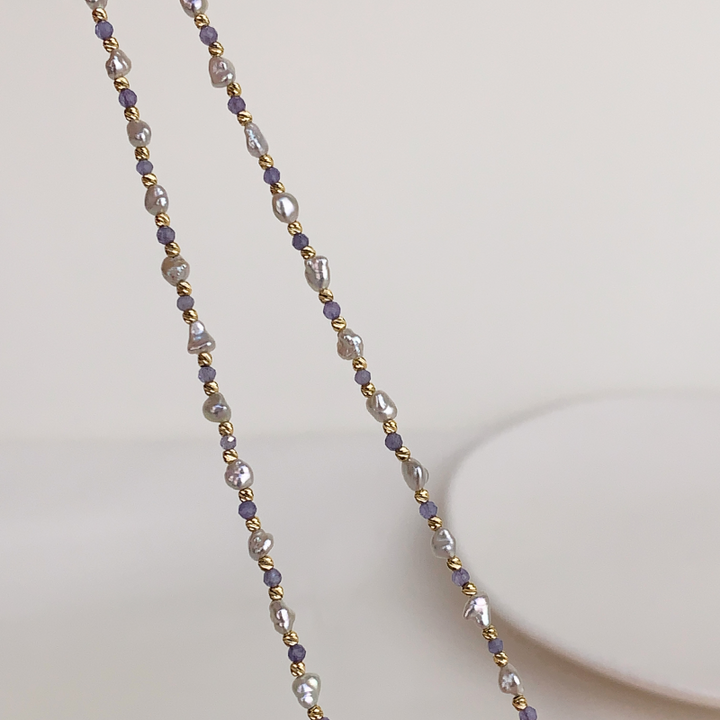 Keshi Saltwater Pearl 18K Gold Tanzanite Unique Necklace