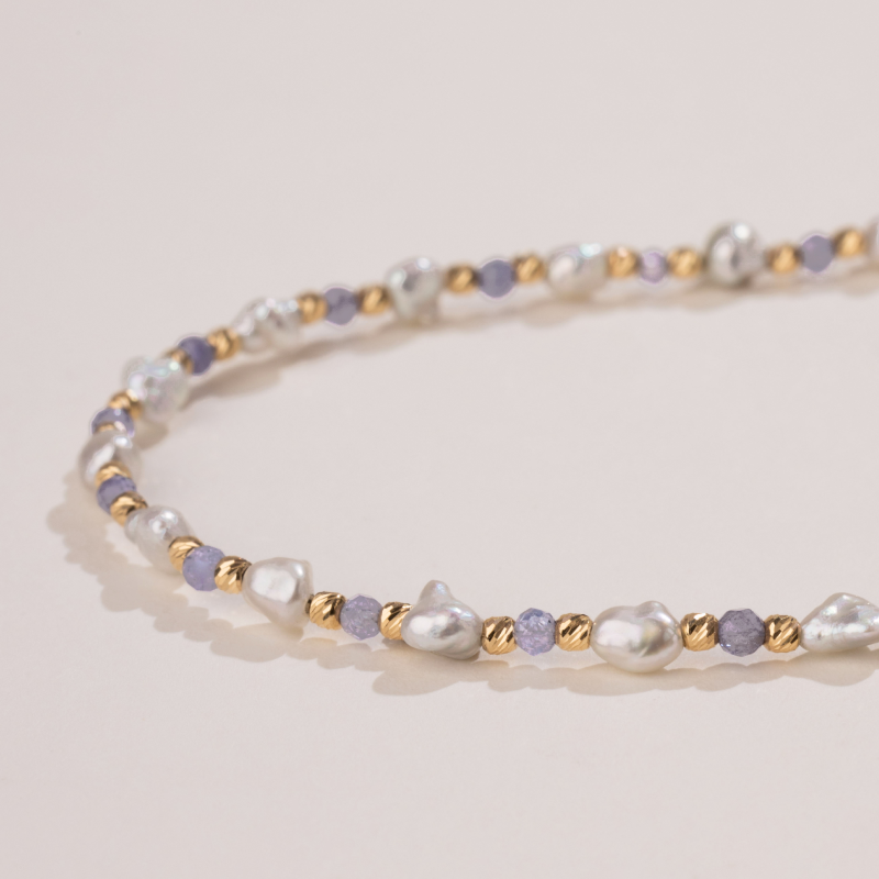 Keshi Saltwater Pearl 18K Gold Tanzanite Unique Necklace