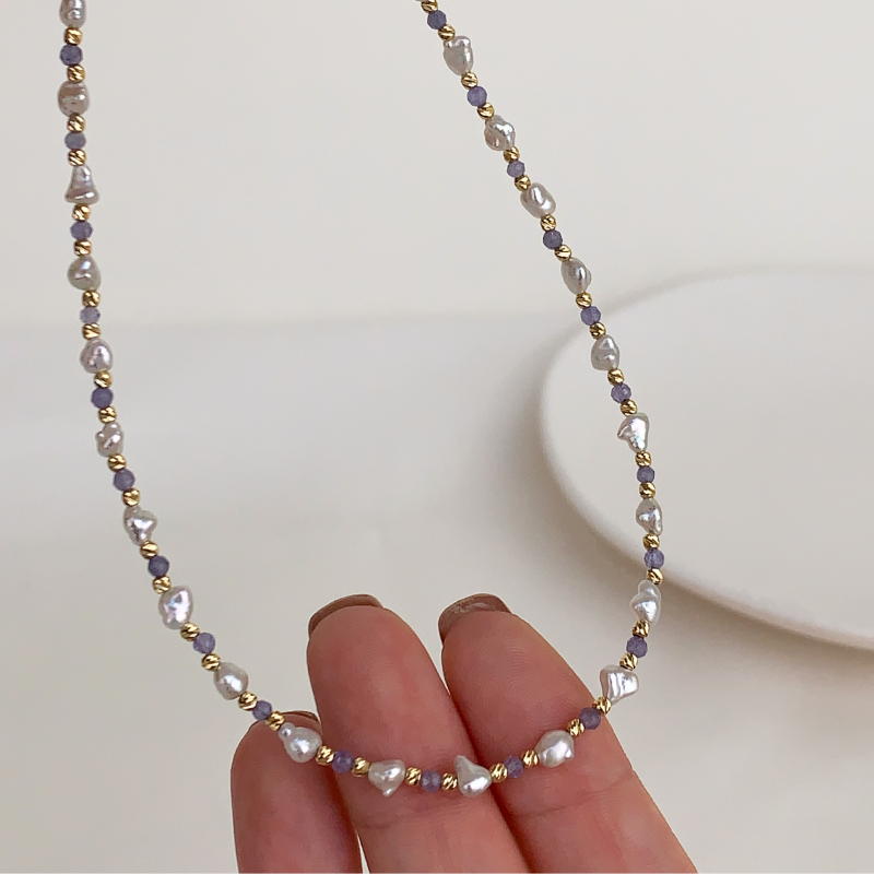 Keshi Saltwater Pearl 18K Gold Tanzanite Unique Necklace