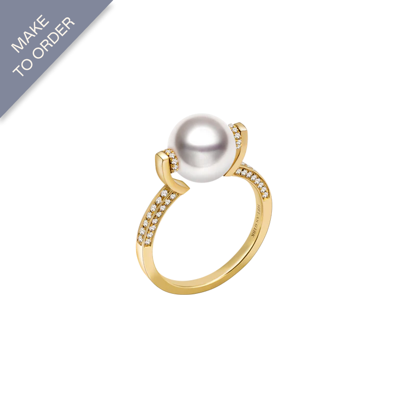 Akoya Pearl 18K Gold Single Band Design Elegant Diamonds Ring