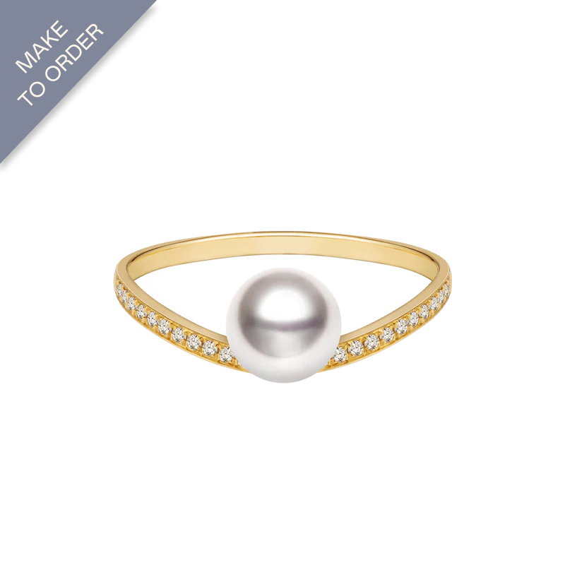 Akoya Pearl Ring 18K Yellow Gold Diamond V shaped Ring