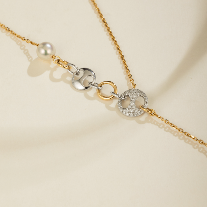 Akoya Pearl 18K Gold Diamond Imprint H Y-Shaped Dangling Necklace