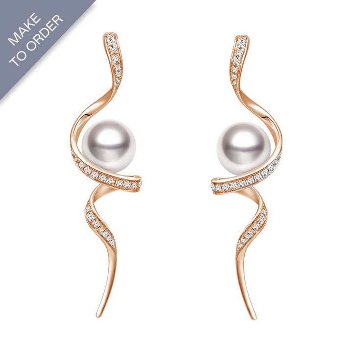 Akoya Pearl 18K Solid Gold Wave Curl Long Drop Diamonds Earrings