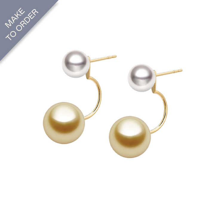 South Sea and Akoya Double Pearl 18K Gold Curved Stud Earrings