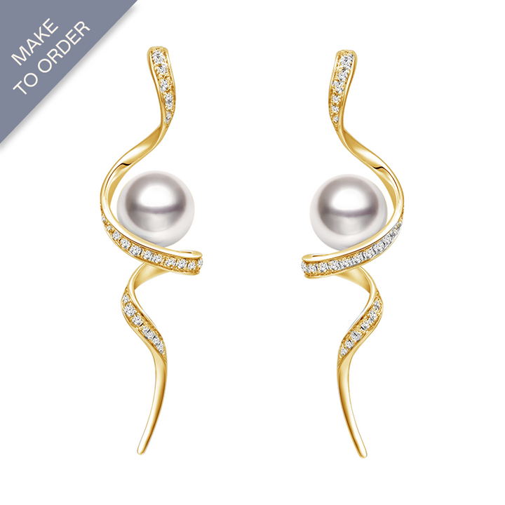 Akoya Pearl 18K Solid Gold Wave Curl Long Drop Diamonds Earrings