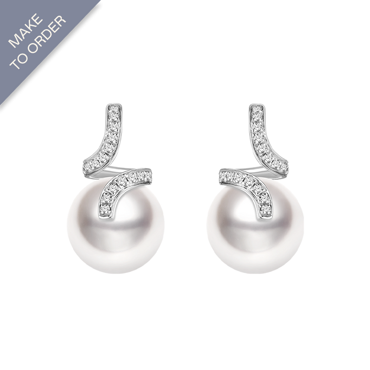 South Sea Pearl 18K White Gold Elegant Wave Stud Diamonds Earrings