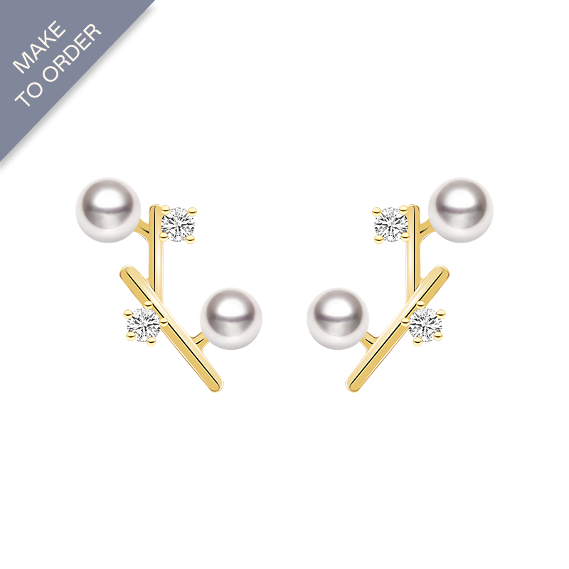 Akoya Pearl 18K Gold Branches Design Diamond Earrings