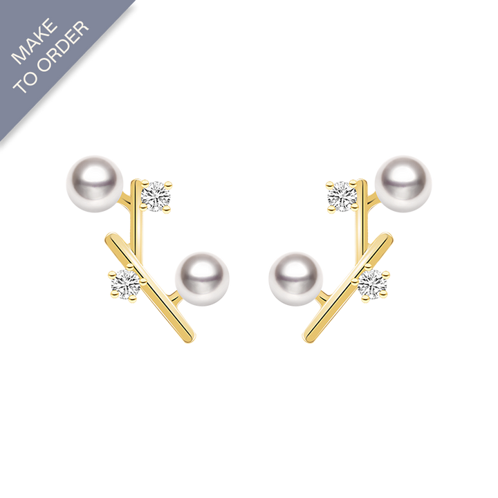 Akoya Pearl 18K Gold Branches Design Diamond Earrings