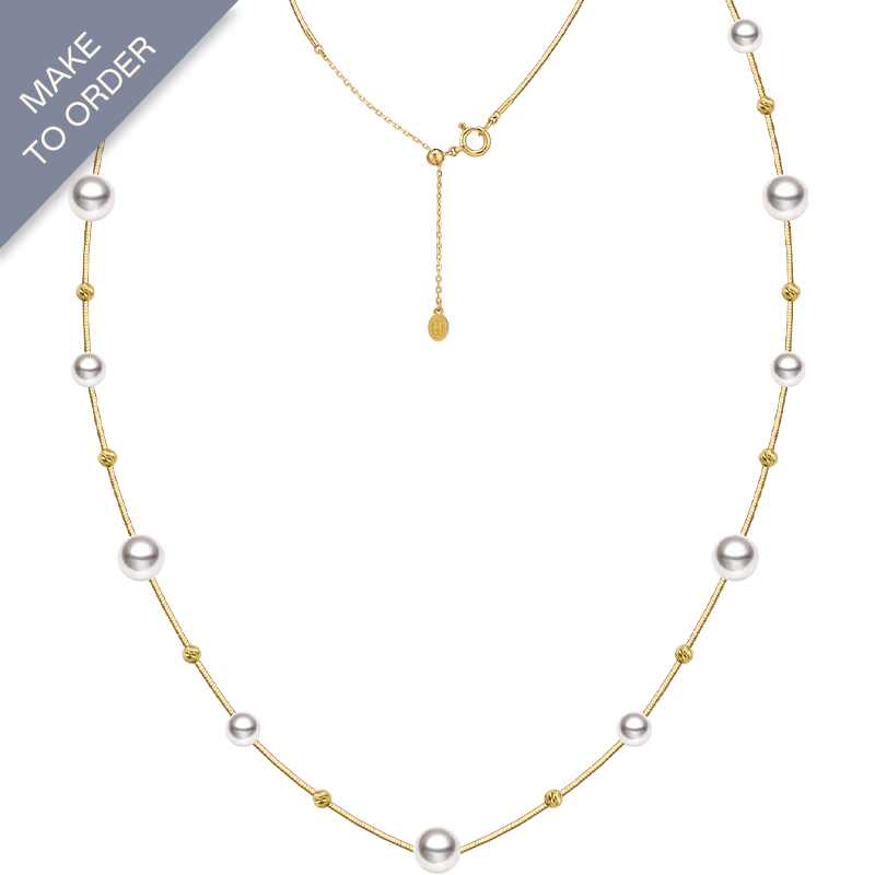 Akoya 18k Yellow Gold Baby's Breath Herringbone Chain Necklace