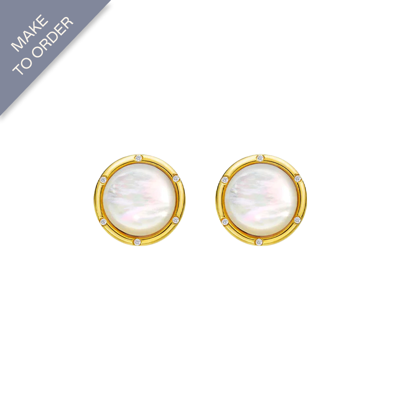 18K Gold Mother of Pearl Convex Style Diamonds Earrings